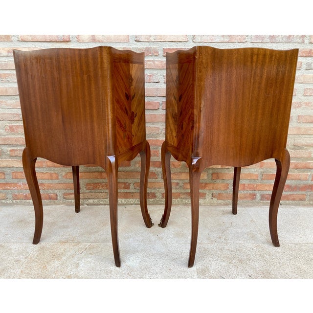 French Provincial Pair of French Louis XV Revival Inlaid Bedside Tables with Three Drawers, 1940s For Sale - Image 3 of 11
