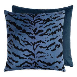 The House of Scalamandré Tigre/velvet Pillow, Blue, 22 X 22 For Sale