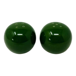 Vintage Mid Century Modern Round Green Ceramic Salt and Pepper Shakers a Set of 2