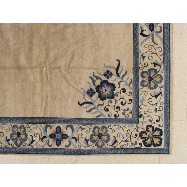 Vintage Chinese Carpet, Tan and Blue Carpet, Handmade Wool Rug For Sale In New York - Image 6 of 18