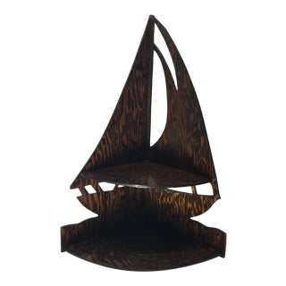 Mid 20th Century Americana Folk Art Sailboat Corner Shelf in Brown Tiger Wood For Sale