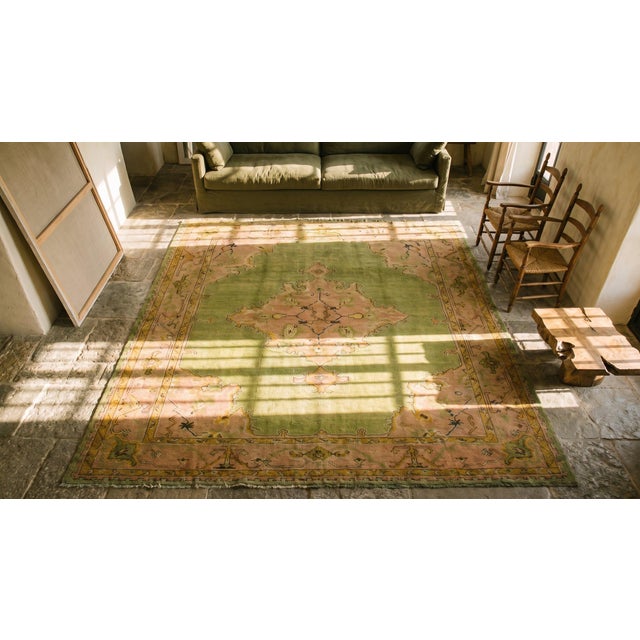 Textile Impressive Olive Green Background and Medallion Design Antique Turkish Oushak Rug For Sale - Image 7 of 9