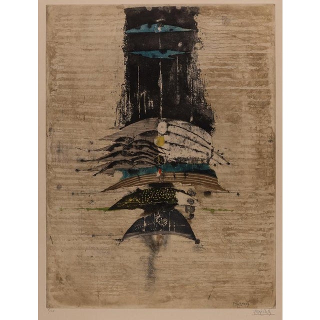 Johnny Friedlaender (1912-1992) Composition with Blue Birds, 1963 Original color etching Signed in the plate and...