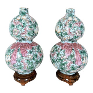Rare Republic Huluping Chinese Enamel Double Gourd Baby Blue Opposing Vases With Stands - A Pair For Sale