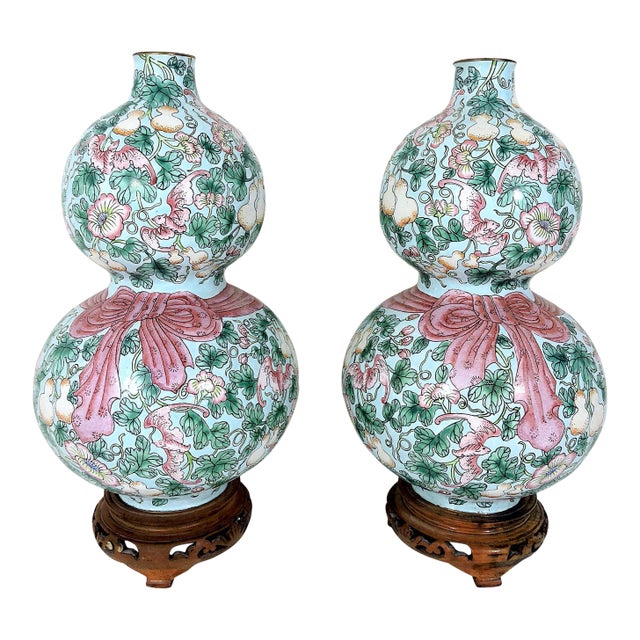 Rare Republic Huluping Chinese Enamel Double Gourd Baby Blue Opposing Vases With Stands - A Pair For Sale