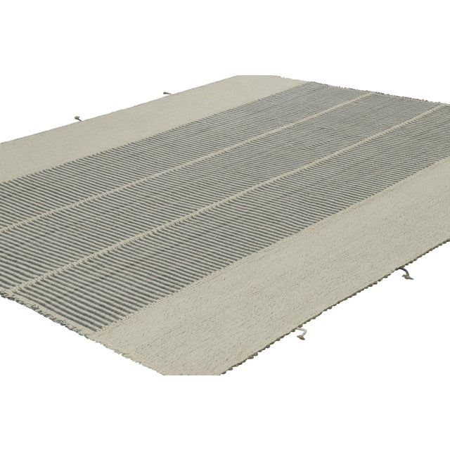 Rug & Kilim Rug & Kilim’s Contemporary Kilim in Slate Gray, White and Beige Textural Stripes For Sale - Image 4 of 7