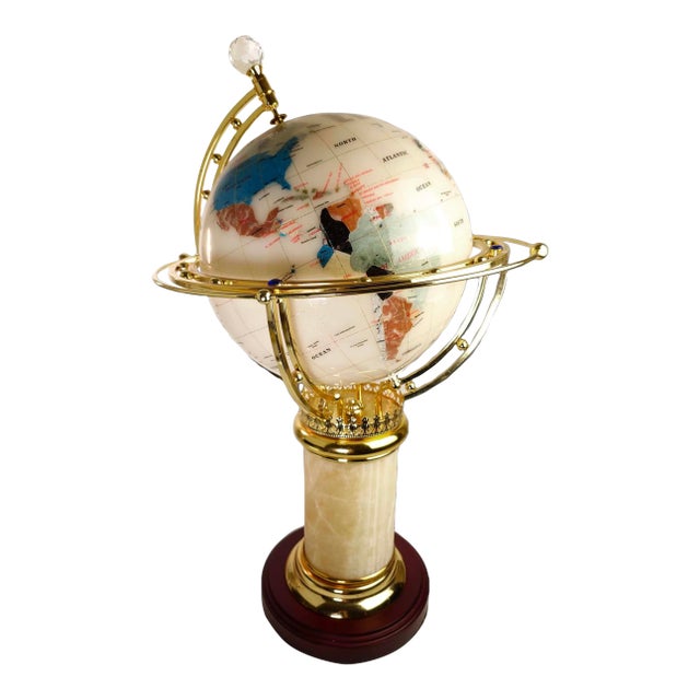 Illuminated World Globe on Brass and Marble Stand For Sale