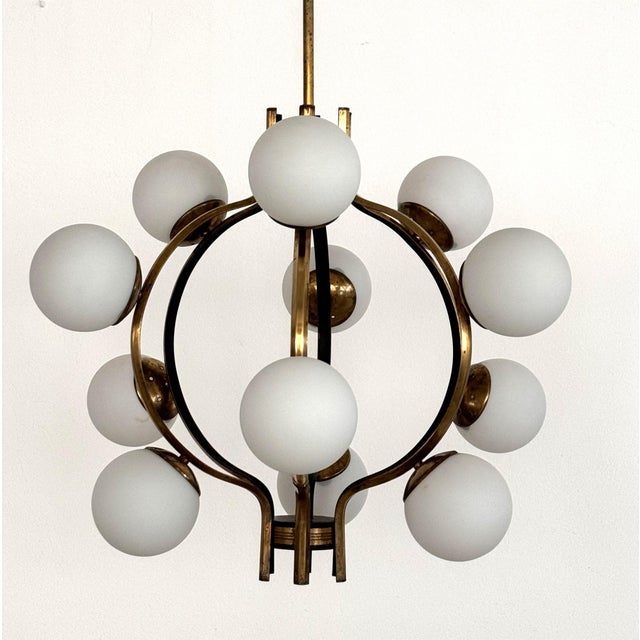 Mid-Century Italian Brass and Opaline Glass Chandelier from Stilnovo, 1950s For Sale - Image 17 of 18