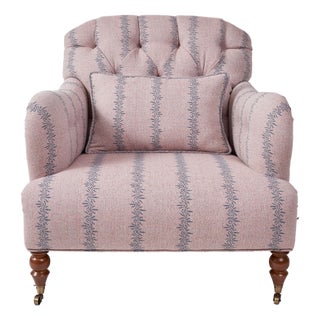 Tufted Club Chair Upholstered in Ferrick Mason Anne Rose Blue Woven For Sale