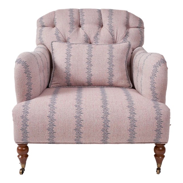 Tufted Club Chair Upholstered in Ferrick Mason Anne Rose Blue Woven For Sale