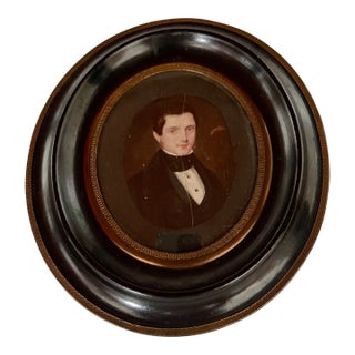 19th Century Miniature Oval Painting of a Young Man, Framed For Sale