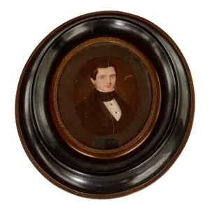 19th Century Miniature Oval Painting of a Young Man, Framed