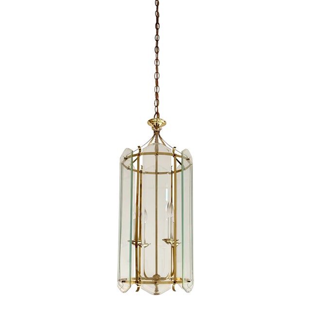 Vintage Mid-Century Modern Style Hollywood Regency Glass & Brass Foyer Chandelier Light For Sale