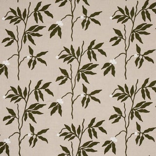 Schumacher Lilla Embroidery Fabric in Olive on Neutral For Sale