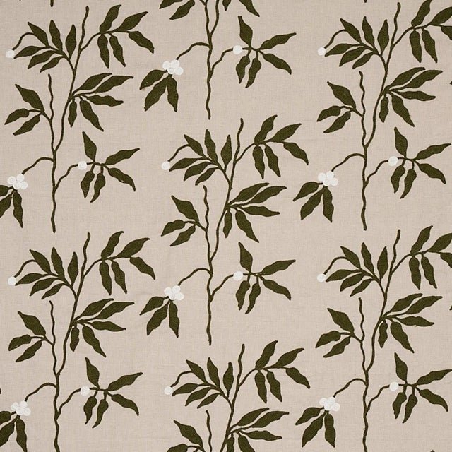 Schumacher Lilla Embroidery Fabric in Olive on Neutral For Sale