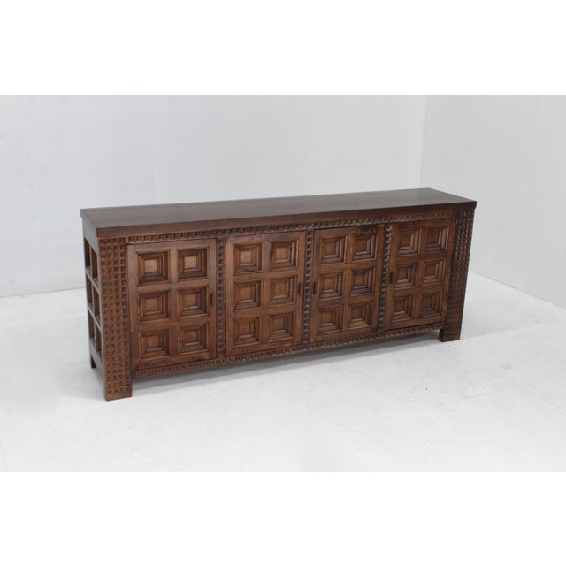 Vintage Spanish Brutalist Sideboard in solid walnut wood from the 1960s. Beautifully designed with graphical squared wood...