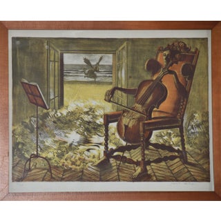 Late 20th Century “Violoncelliste” Surrealist Figurative Original Lithograph by Jean-Pierre Alaux, Framed For Sale