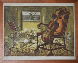 Late 20th Century “Violoncelliste” Surrealist Figurative Original Lithograph by Jean-Pierre Alaux, Framed