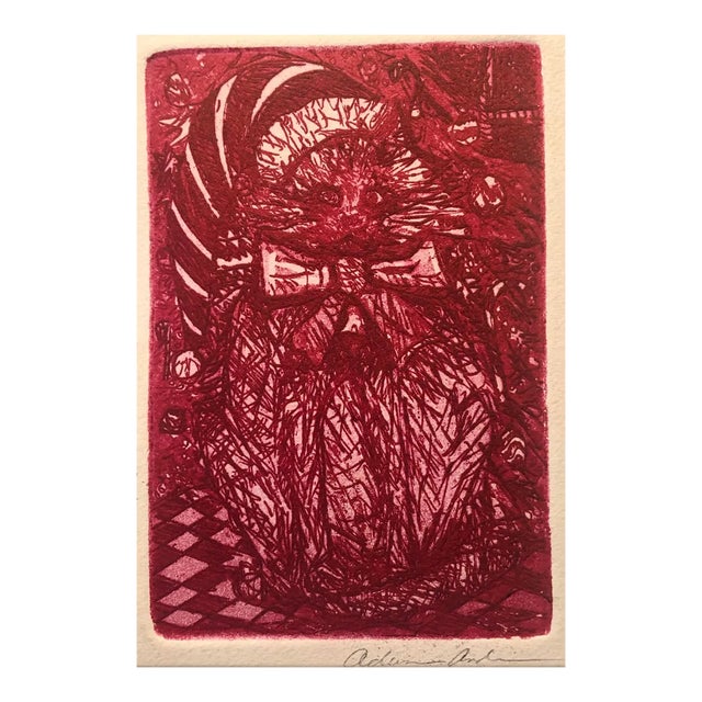 1983 Christmas Cat Color Etching by Adrienne Anderson For Sale