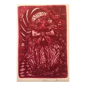 1983 Christmas Cat Color Etching by Adrienne Anderson