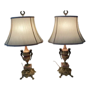Brevettato Italian Gilt Bronze/Brass Marble Lamps - A Pair Excellent Mint Condition Vintage.