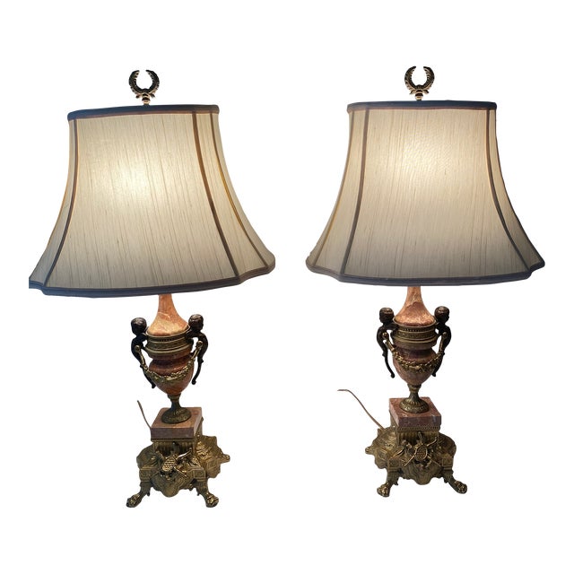 Late 20th Century Brevettato Italian Gilt Bronze/Brass Marble Lamps - A Pair Excellent Mint Condition For Sale