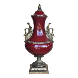 Large 24" High Porcelain Lidded Urn With Ornate Gilt Bronze Swan Handles For Sale