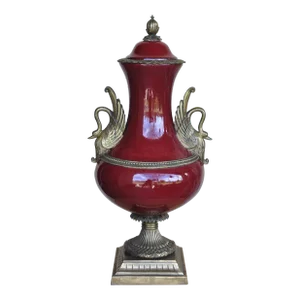 Large 24" High Porcelain Lidded Urn With Ornate Gilt Bronze Swan Handles