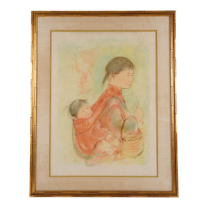 Framed Signed Edna Hibel "Japanese Family" Lithograph Limited-Edition