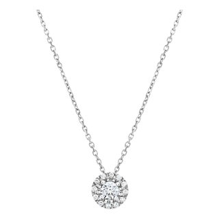 Half Carat Cluster Diamond Halo Pendant .47cttw 14k White Gold 16" For Sale