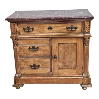 Refinished Victorian Renaissance Style Fruitwood and Maroon Marble Top Cabinet For Sale
