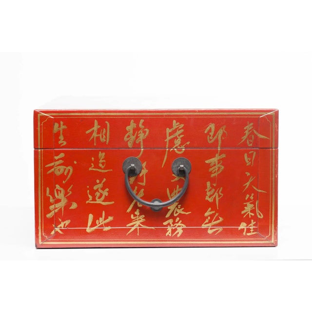 Red Lawrence & Scott Hand-Painted Mandarin Red Inscription Wide Leather Box For Sale - Image 8 of 8