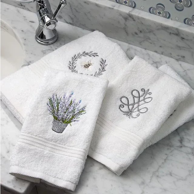 2020s Basket of Peonies Guest Towel in White Terry, Embroidered For Sale - Image 5 of 5