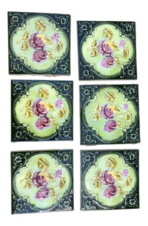 English Art Nouveau/Victorian Era Raised Relief Ceramic Tiles Floral Pattern - Set of 6