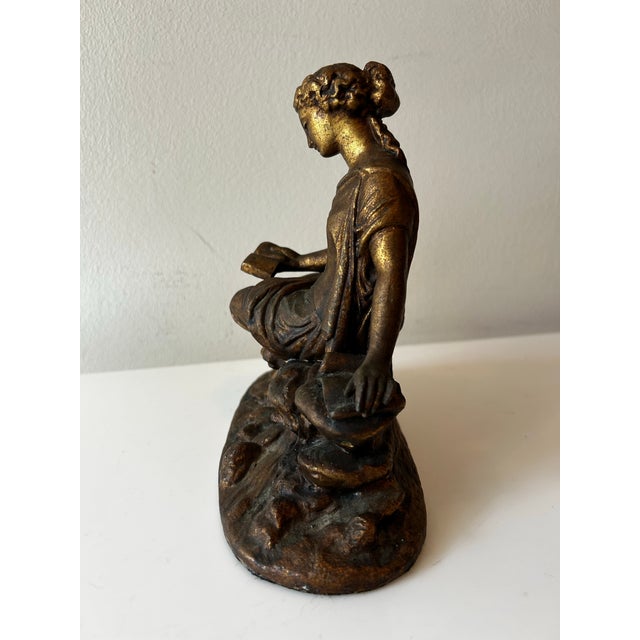 Bronze Antique Victorian Neoclassic Gilted Spelter Figure of Reading Woman For Sale - Image 8 of 11