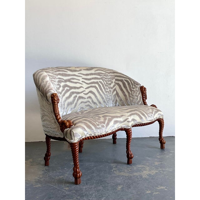 Vintage Carved Rope and Knot Loveseat in Scalamandre Tiger Devore For Sale - Image 4 of 12