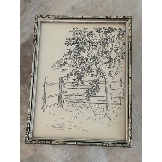 1940s Original Ink Drawing of Tree and Fence in Silverleaf Frame For Sale - Image 12 of 14