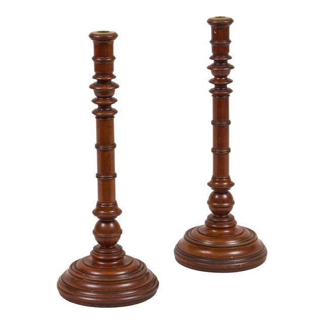 Antique Pair Mahogany Tall Turned Candlesticks For Sale