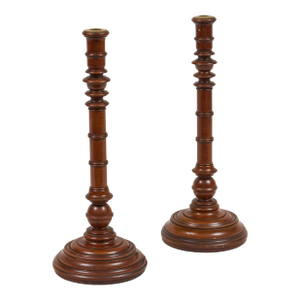 Antique Pair Mahogany Tall Turned Candlesticks