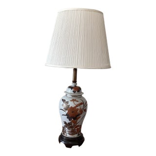 Vintage Frederick Cooper Ceramic Ginger Jar Table Lamp Hand-Pained Floral Motif, Pleated Fabric Shade on Wood Base For Sale