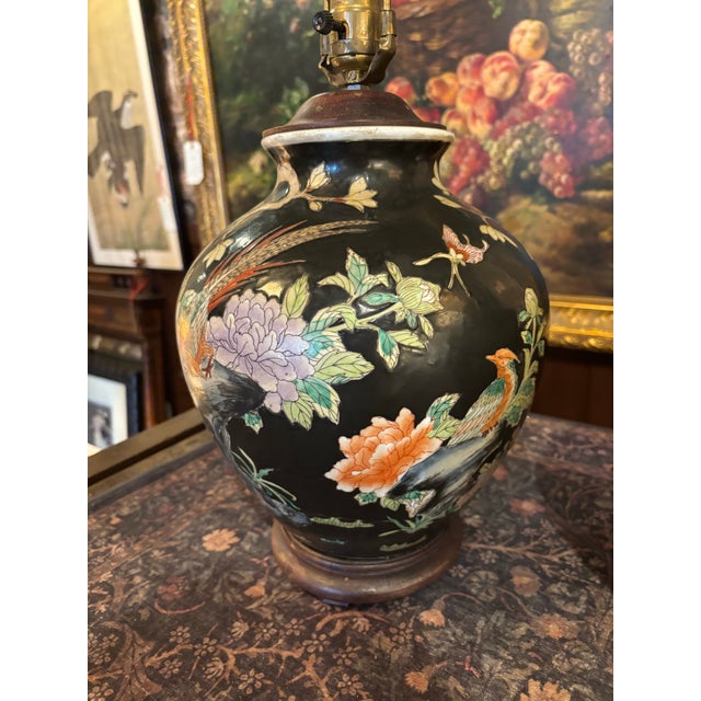 1930s Vintage Japanese Famille Noire Black Porcelain Table Lamps - Hand Painted - a Pair For Sale - Image 5 of 9