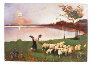 R. Salino, Flock at the Lake, Oil on Panel
