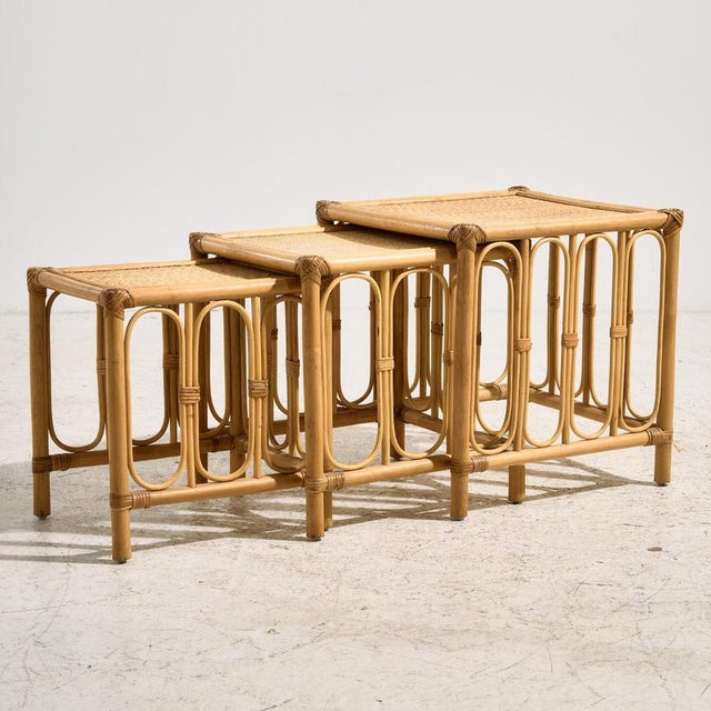 Rustic Bamboo and Rattan Nesting Tables, 1970s, Set of 3 For Sale - Image 3 of 11