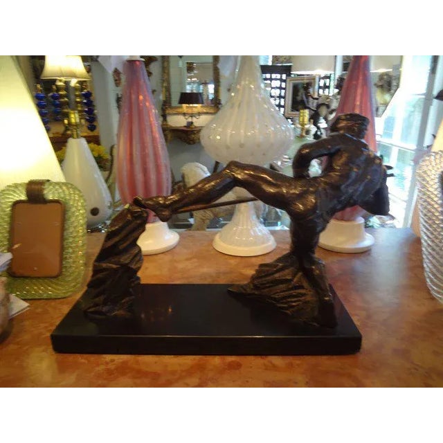 Metal 1930s Vintage French Art Deco Bronze Sculpture of an Athlete on a Marble Base For Sale - Image 7 of 11