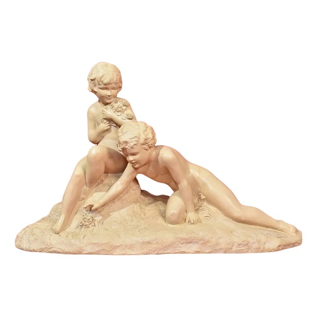 Art Deco Terracotta Sculpture of Two Children Playing, 20th-Century For Sale