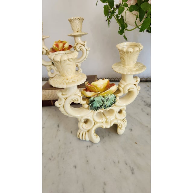 Pair of Vintage Ivory Ceramic Rose Double Candle Holders For Sale - Image 10 of 18