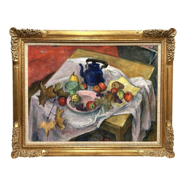 20th C. Post Impressionist Style Still Life Signed Oil Painting Kettle W/ Fruit For Sale