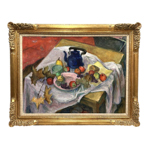 20th C. Post Impressionist Style Still Life Signed Oil Painting Kettle W/ Fruit
