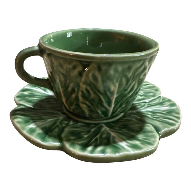 1990s Bordallo Pinheiro Cabbage Leaf Portuguese Espresso Coffee Cup and Saucer For Sale