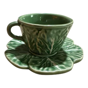 1990s Bordallo Pinheiro Cabbage Leaf Portuguese Espresso Coffee Cup and Saucer